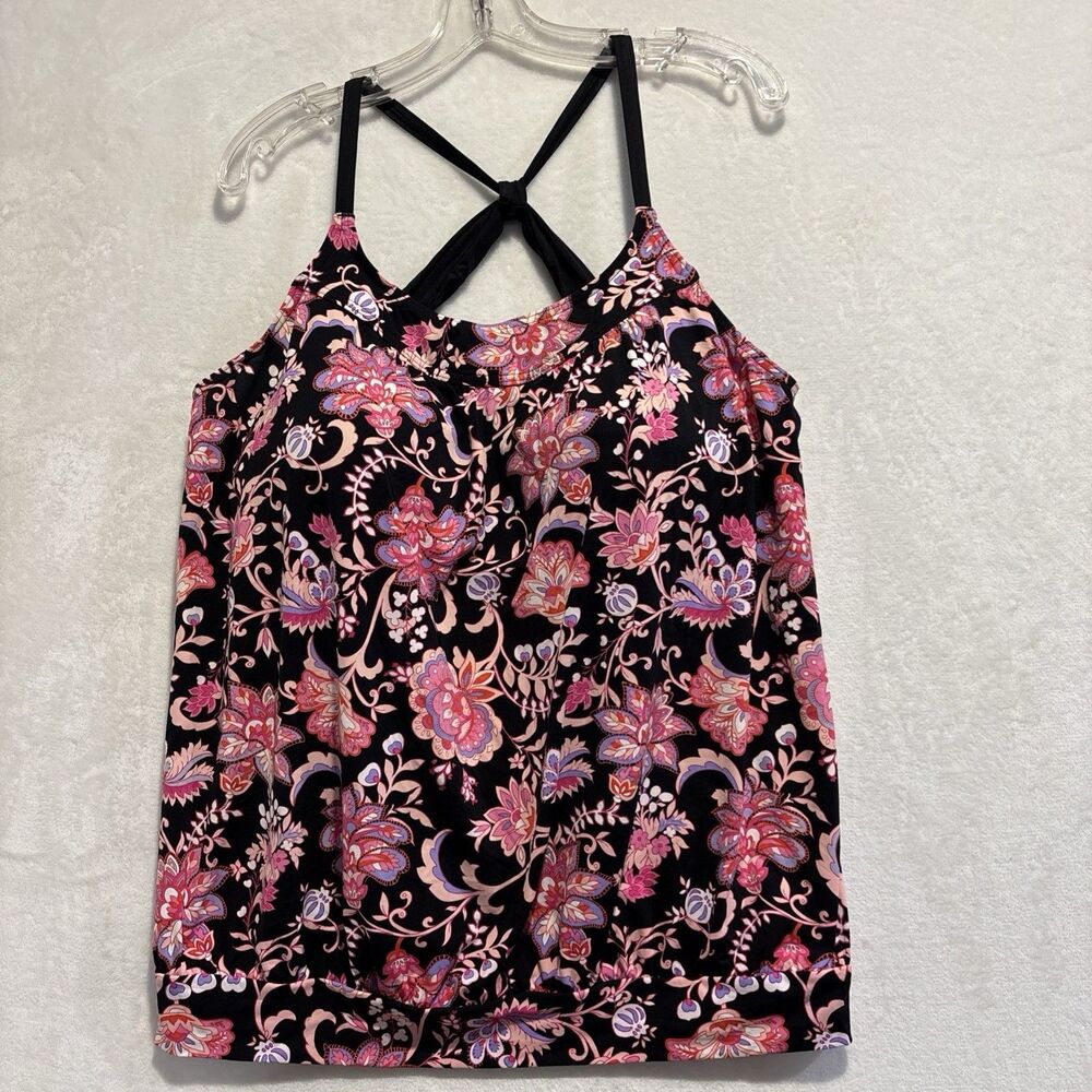 Lands' End Women's Pink Black Floral Blouson Tankini Top Swim Beach Vacation 16